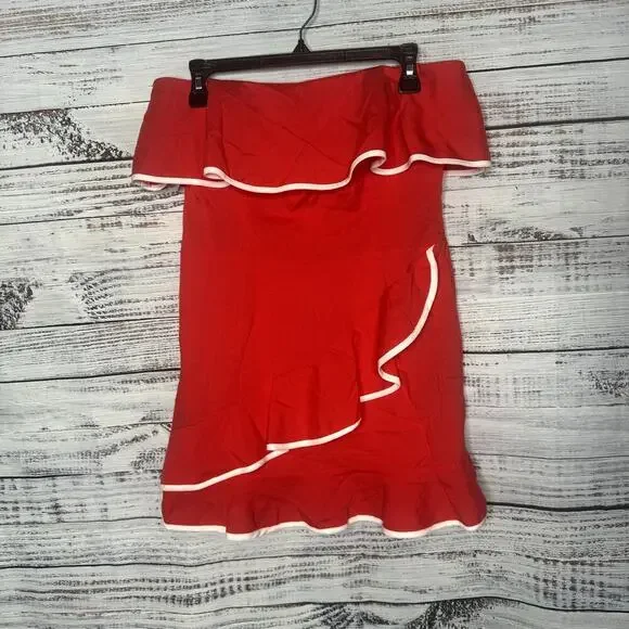 Tularosa Carrie Romper Bright Red Shorts Ruffle Strapless Lg - Picture 3 of 5
